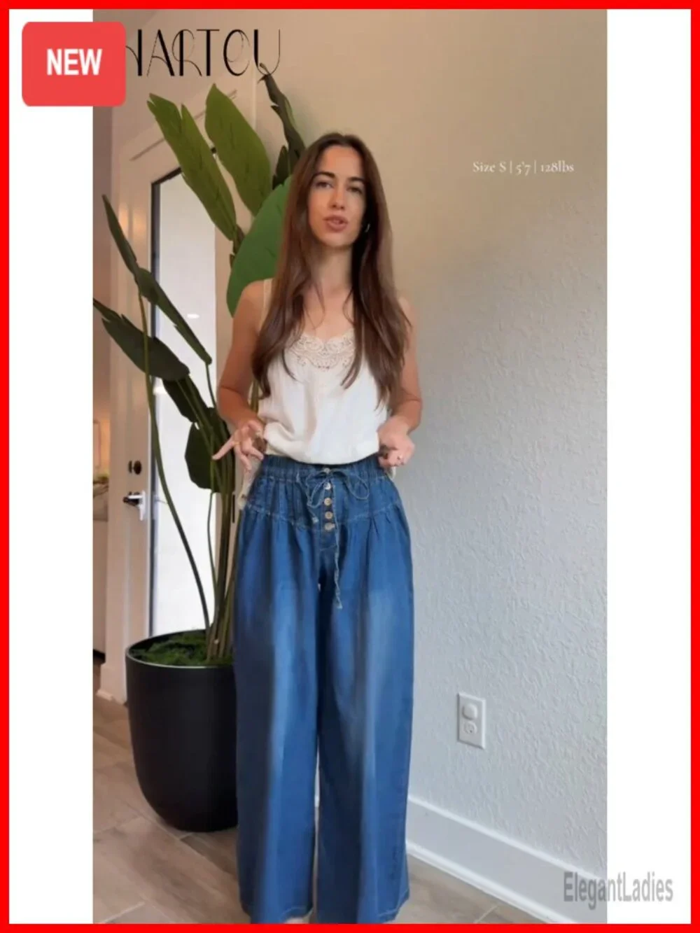 Baggy Wide Leg Denim Jeans with Drawstring Waist Ruffle Pleated Flare Pants